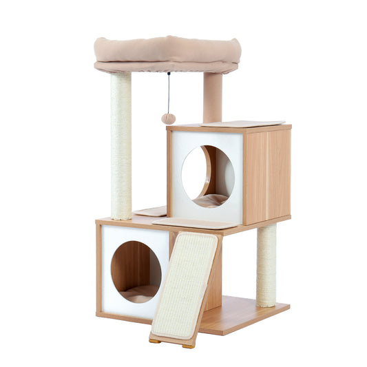 Cat Tree Wood Cool Sisal Scratching Post Kitten Furniture Plush Condo Playhouse with Dangling Toys Cats Activity Centre Beige